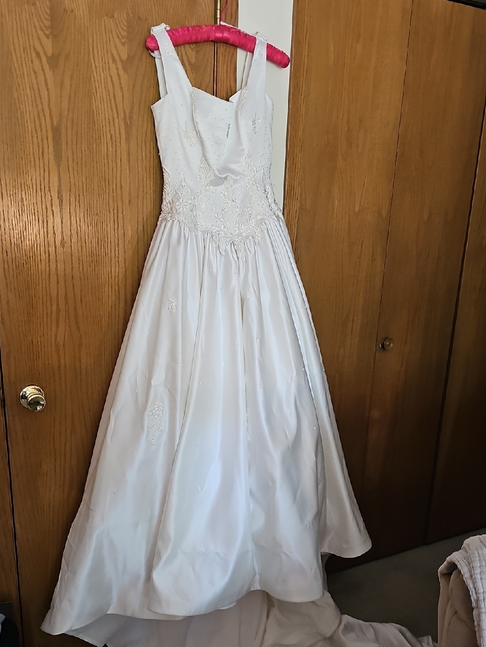 Mon Cheri White Satin A-Line Wedding Gown with Embroidered Bodice